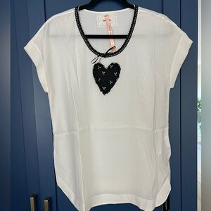 Marc Cain White Top with Black Heart Design. 100% silk. Size 10